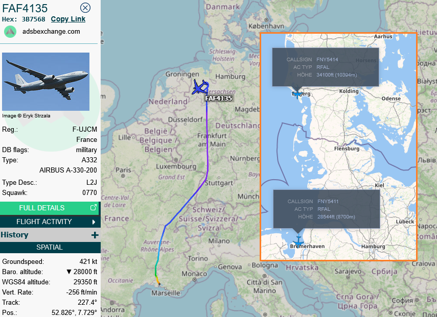 SirListenalot's tweet photo. #A332 #3B7568 #FAF4135 is waiting for French Navy #RFAL #Rafale's #FNY5411 & #FNY5414 en route Evenes - Landivisiau https://t.co/AvswFCi8Z1