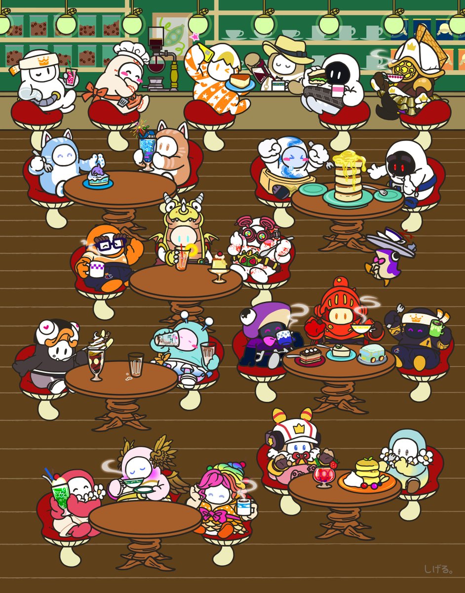 futenomame's tweet photo. ショーの合間にコーヒーブレイクはいかが？喫茶まめのき、一日限りのオープンふぉ！ #FallGuysart #ひねもせしげる https://t.co/PSWQbI6FCA