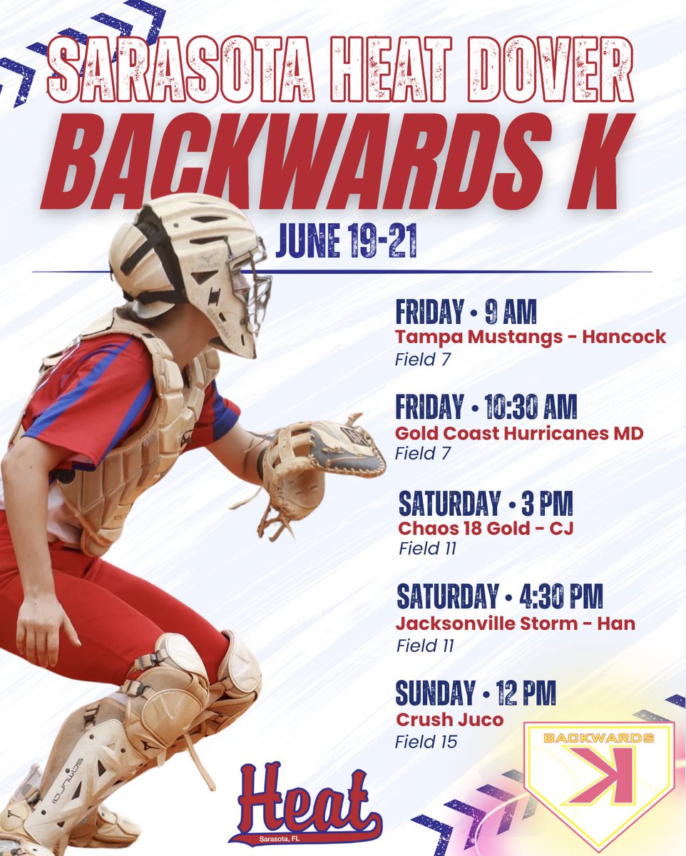 SarasotaHeat18U's tweet photo. 🔥 Sarasota Heat Dover is heading to the Backwards K this weekend! 🔥

Get ready to have fun, compete with heart, and make every inning count. 

Let's go, Heat!

#sarasotaheat #heatfam #travelsoftball #softballplayer #softball #bringtheheat https://t.co/CqqdezlxFE