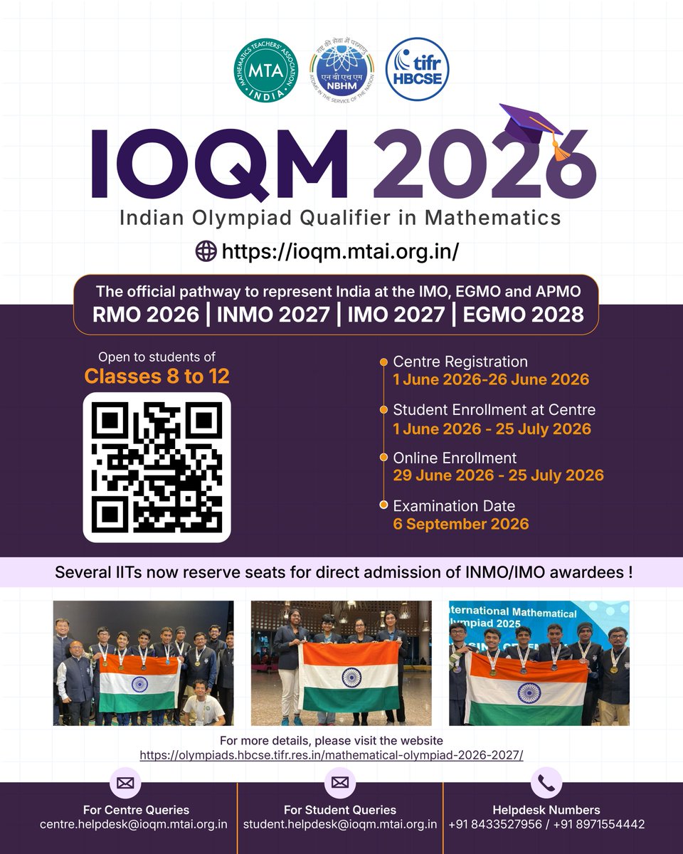 HBCSE_TIFR's tweet photo. 📢 IOQM 2026
 🗓️Centre Registration : 1 June – 26 June 2026
 🎓Student Enrolment at Centre : 1 June – 25 July 2026
 📝 Examination date : 6 September 2026
 🔗 For complete details, visit: https://t.co/TKOeAY3Bet
 👉Register on IOQM portal: https://t.co/ksmKdJbaJZ https://t.co/gBtNrEduQ3