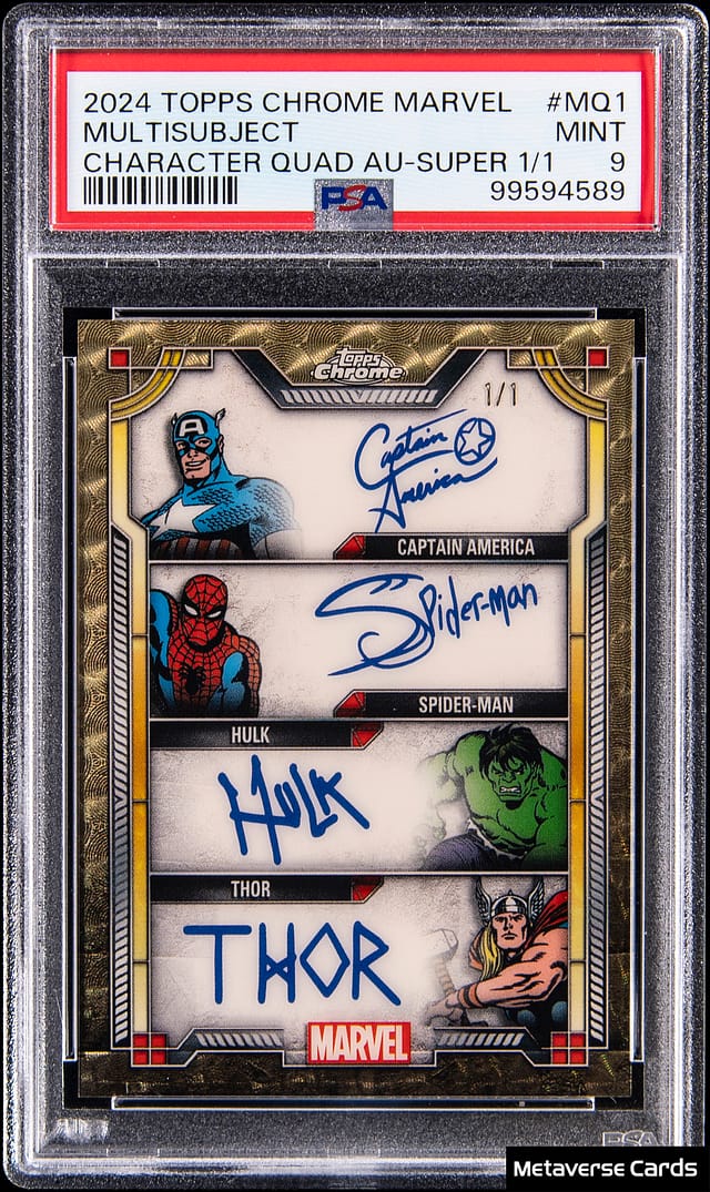 darrenrovell's tweet photo. This card "signed" by Captain America, Spiderman, Hulk and Thor sold last night at @GoldinCo for $35,380 https://t.co/so74oWauAo