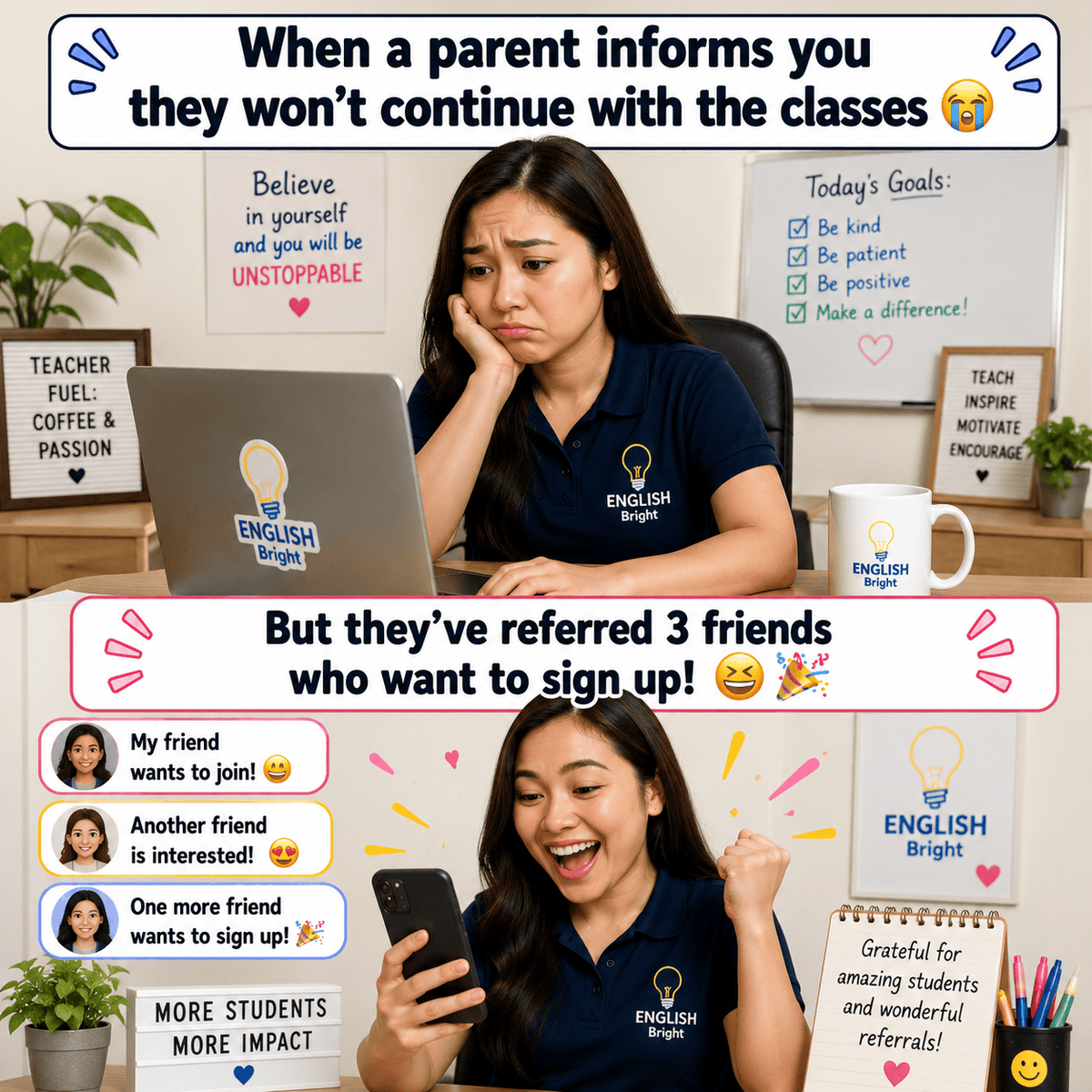EnglishE4680's tweet photo. "Parent cancels 😭… but refers 3 friends! 😆 ESL teaching = win! 
Explore ready-to-teach lessons with English Bright 👉 https://t.co/avtYZrz5LT 

#ESLteachers #EnglishBright #ESLresources #OnlineTeaching https://t.co/waQT2F2tEq