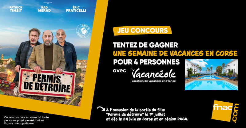 Fnac's tweet photo. #JeuConcours 🎉 Tentez de remporter une semaine de vacances en Corse pour 4 personnes 🏖️ à l'occasion de la sortie en salle de #PermisDeDetruire 🎬

🎁 Pour participer :
💬 + 🔁 + ❤️ 
✅ Suis @Fnac

🏆 TAS le 24/06 - 1 gagnant  

🍀 Bonne chance ! 
Merci @Vacanceole https://t.co/ey42FyXepL