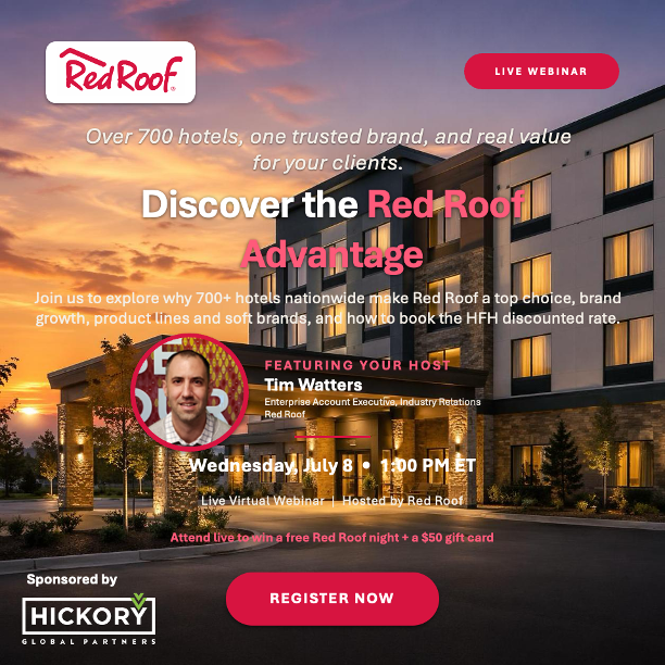 HickoryGlobal's tweet photo. Join Red Roof for a live webinar on Wednesday, July 8 at 1:00 PM ET, where we explore why this growing brand — with more than 700 hotels nationwide — keeps earning a place on every travel advisor’s short list.  👉 Register: https://t.co/SbO4RAsTFE https://t.co/Chn5y3S5o2
