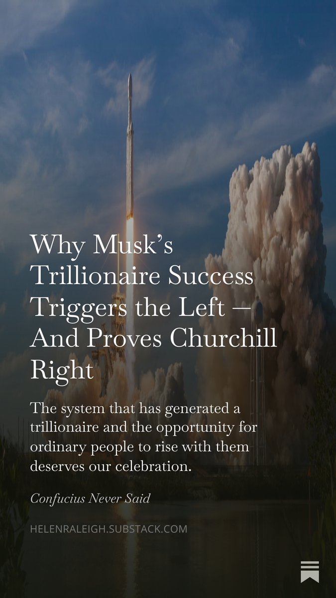 HRaleighspeaks's tweet photo. Why does Elon Musk becoming the world’s first trillionaire trigger such rage on the Left? Because his success shatters their narrative. It proves America can still reward bold innovation, instead of punishing achievement.
In my latest newsletter, I revisit my 2013 speech defending capitalism, contrast Musk with Jack Ma, share inspiring stories of SpaceX workers who became millionaires alongside him, and explain why the Democratic reaction is the exact “gospel of envy” Churchill warned about. 
The system that has generated trillionaires — and the opportunity for ordinary people to rise with them — deserves our defense.
If you believe in free markets, property rights, and the American Dream, give it a like. #Capitalism #Musk #FreeMarkets #America250
Read it here: https://t.co/5eX1ovF6n3