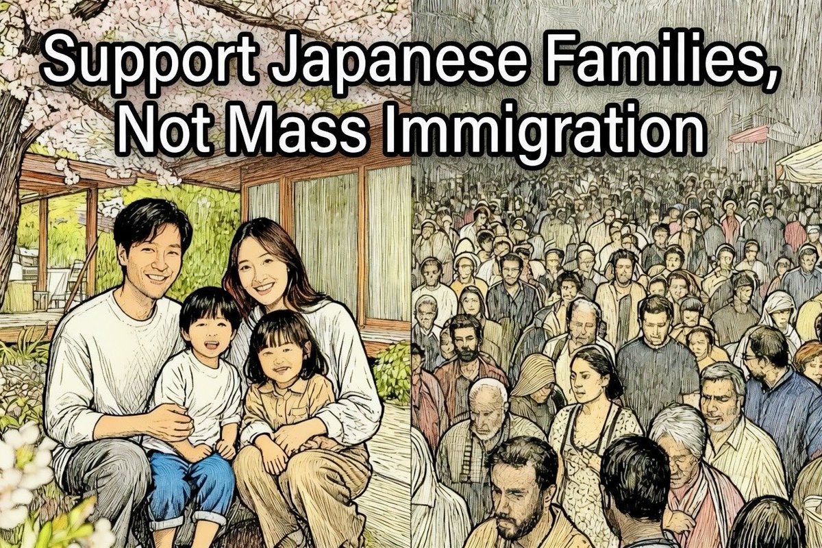 hotahotasa45082's tweet photo. Japan has a low birth rate problem.

The easy solution some push: mass immigration.

But look at Europe — replacing your population doesn't solve cultural decline, it accelerates it.

Japan must focus on supporting Japanese families first. Agree? https://t.co/Z8QPaR1WlF