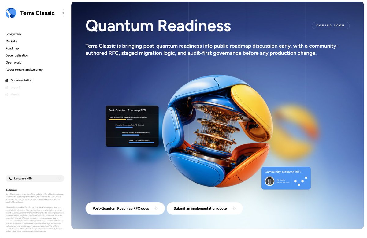 DawidSkinder's tweet photo. Quality-of-life update on https://t.co/SADTDlf57r & https://t.co/2yul6NM9wq :

- Quantum Readiness section added
- Post-Quantum Roadmap implementation strategy open work package added
- Docs page about Post-Quantum Roadmap RFC added

Quantum resistance is important topic that should be broadly discussed and presented. 

Once again thank you @frag_dude for starting this crucial project for #TerraClassic!

#TerraClassic #LUNC #USTC #DeFi #TerraClassicNeedsMoreTshirts #TerraClassicNeedsMoreMarketing #Cosmos #quantumresistance #quantumweb3 #quantumreadiness
#terra #web3quantum #cryptoquantum