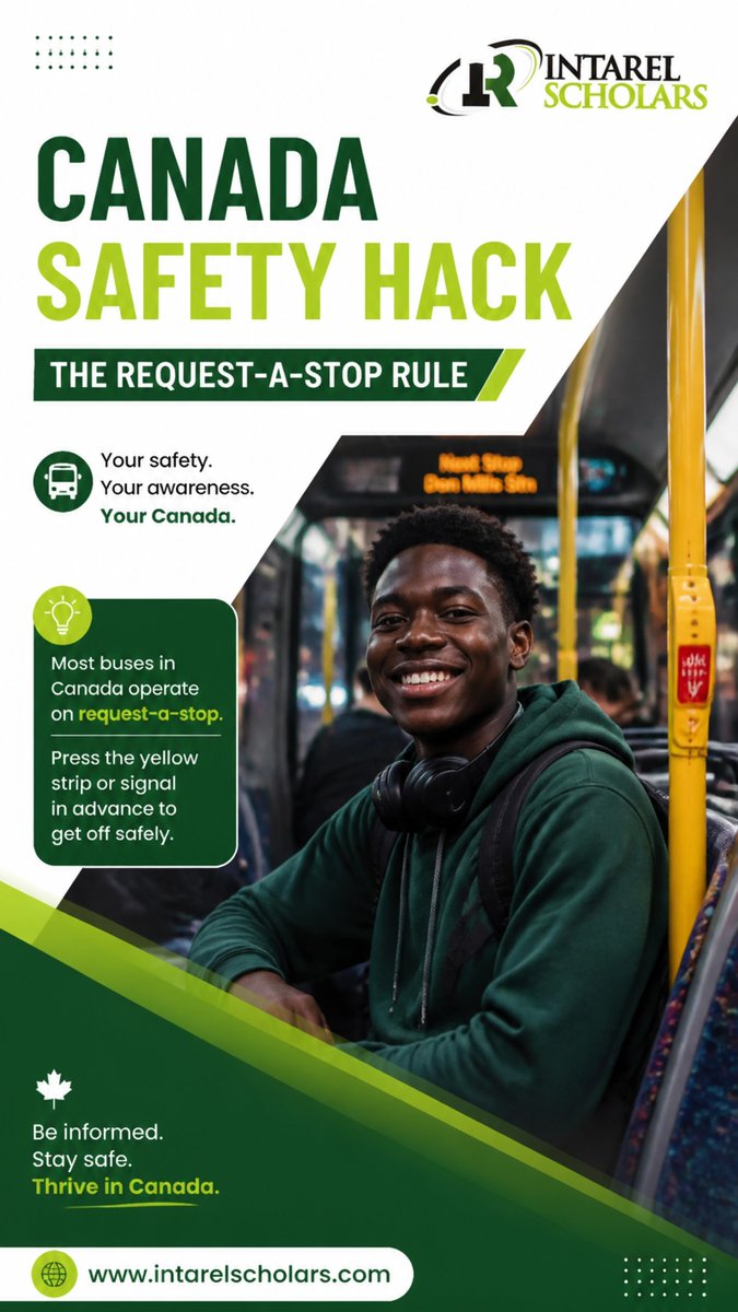 intarelscholars's tweet photo. From Lagos to Toronto? 🇨🇦
Late night study? Use the 'Request-a-Stop' hack. After 9PM, Canadian buses can drop you closer to your door. 🛡️
Don't just move. Move smart.
Comment 'CANADA' 📲
#intarel #CanadaStudy #SafetyTips #StudyAbroadAfrica #GlobalOpportunities https://t.co/OYVKptekk3