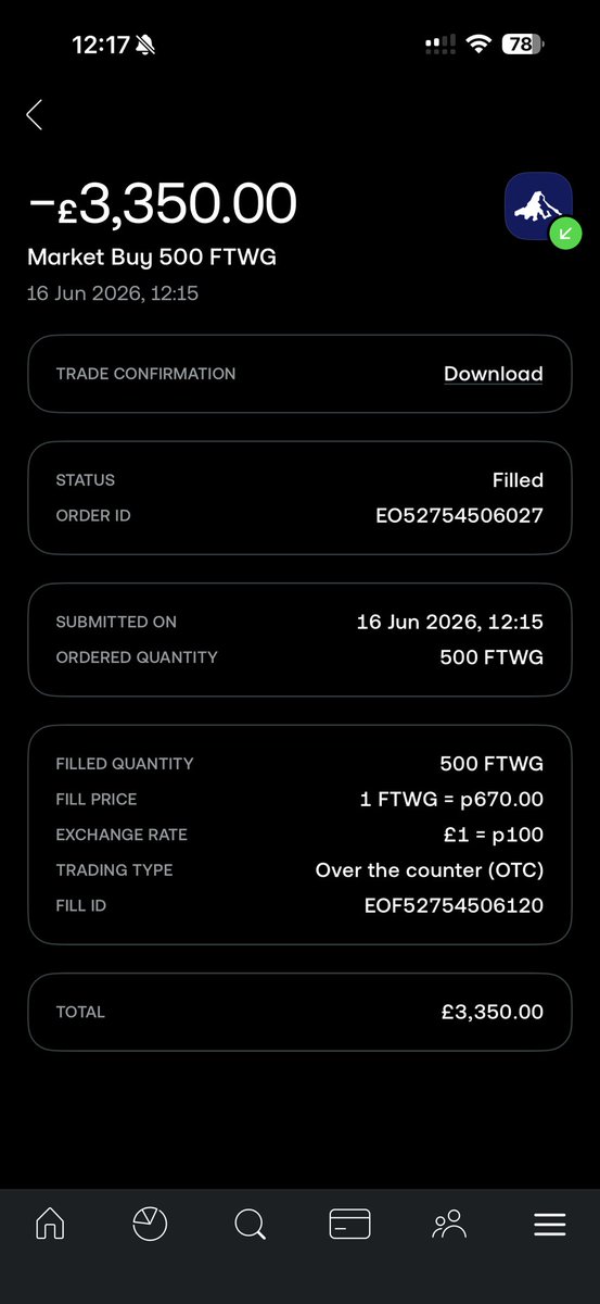 Flyleafinvest's tweet photo. Just set up the SIPP on @Trading212. Transferred over a very old work pension of around £6000, and trying out how this SIPP goes again my other one on II.

First buy was $FTWG. 500 shares at £3,350.

The other £2,650 is something I’m still working on. https://t.co/Ww3qqtrpqZ