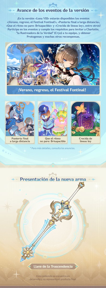 genshinimpactes's tweet photo. #GenshinLunaVIII
Resumen del programa especial de la versión «Luna VIII» de Genshin Impact

Viajero/a, ¡aquí están los códigos de canje del nuevo programa especial!
Protogema ×100 + mineral de refinamiento místico ×10 (Marionette)
Protogema ×100 + Ingenio del héroe ×5 (TotheMoon)
Protogema ×100 + Mora ×50 000 (TeaPartyTime)

¡Gracias por ver la retransmisión! Traeremos más novedades sobre la versión «Luna VIII», así que ¡permanezcan atentos!