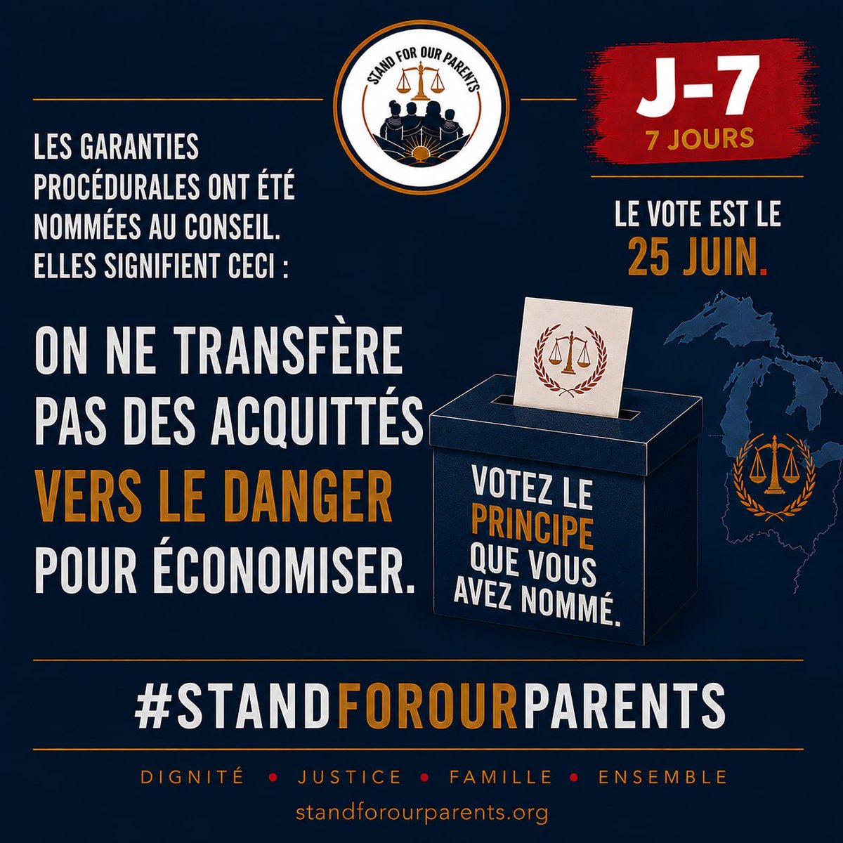 Stand4Parents's tweet photo. Les garanties procédurales ont été nommées au Conseil. Elles signifient ceci : on ne transfère
pas des acquittés vers le danger pour économiser. 
Le 25 juin, votez le principe que vous avez nommé.
#StandForOurParents https://t.co/4Ptept8Y21