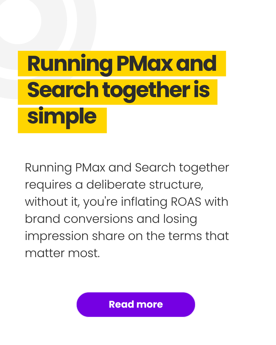ASKBOSCOai's tweet photo. Most Google Ads run PMax and Search. Here's how to get it right:

🔵 Search owns brand terms and high-intent non-branded queries.
🟡 PMax owns broader reach and mid-funnel discovery across Search, Shopping, YouTube, and Display. 

https://t.co/losa0v6q9P https://t.co/POpzG5w1er