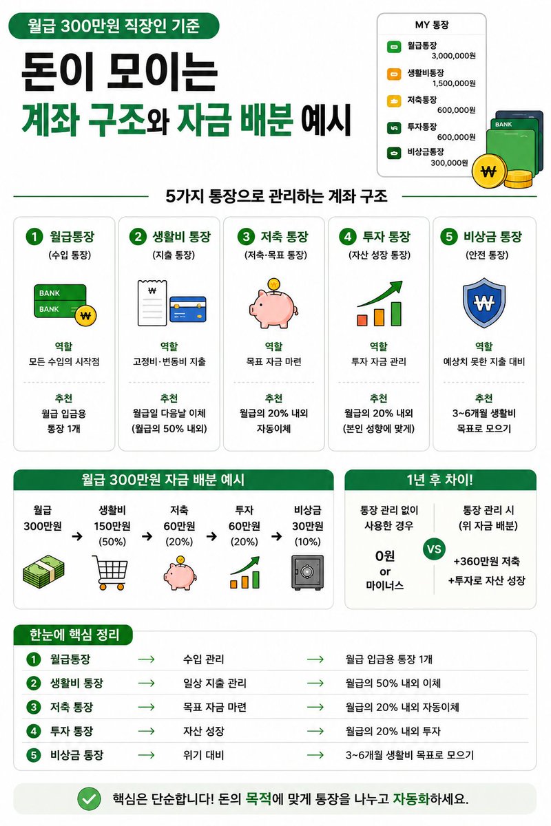 kkkkjjjlll's tweet photo. 월급 300만 원인데
1년이 지나도 돈이 안 모인다면
통장 구조부터 점검해보세요!

많은 사람들이
월급 통장 하나로
소비, 저축, 투자까지 모두 해결합니다🫠

그러다 보니
남는 돈이 없고
결국 저축도 못 하게 되죠

돈이 모이는 사람들은
통장부터 나눠요!

돈을 모으기 위해 꼭 알아야 할 계좌 구조를 한눈에 정리해봤습니다!