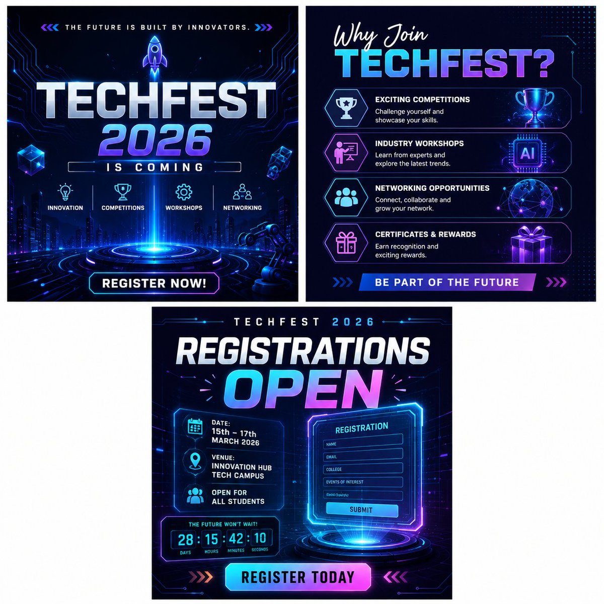 Mastanvali434's tweet photo. TECHFEST 2026 IS COMING!
🏆 Competitions 🤖 Workshops 💡 Innovation 🌐 Networking 🎁 Rewards
Are you ready to build the future?
#Techfest2026 #Technology #Innovation #AI #Coding #Engineering #Hackathon #StudentLife #FutureTech 🚀 https://t.co/9uJ4HCYdsB