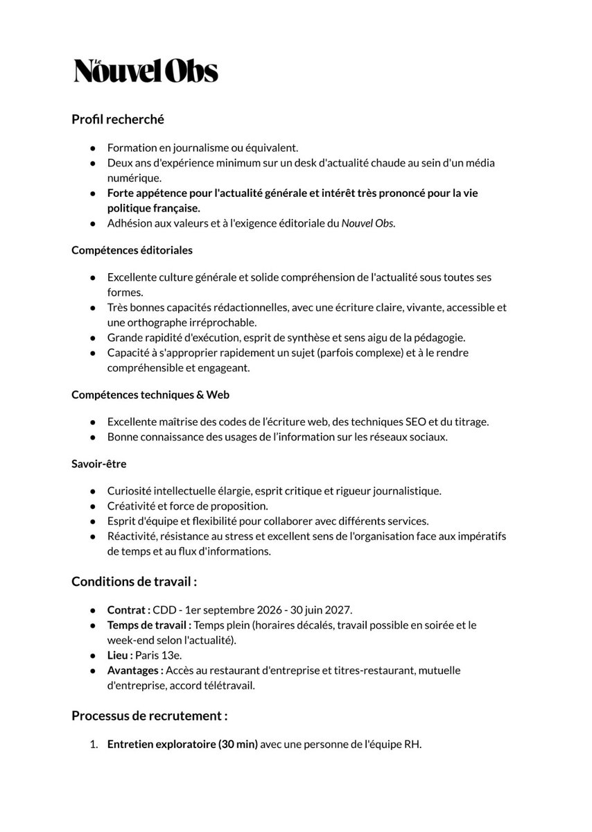 CDestracque's tweet photo. #AlerteJob #journalisme #CDD @Le_NouvelObs recrute un(e) rédacteur-rice web politique pour couvrir la présidentielle, du 1/09/2026 au 30/06/2027. Tous les détails sont ici ↘️ Pour candidater, c’est là : https://t.co/Q6MaZEGxAj https://t.co/RDPJuG15g2