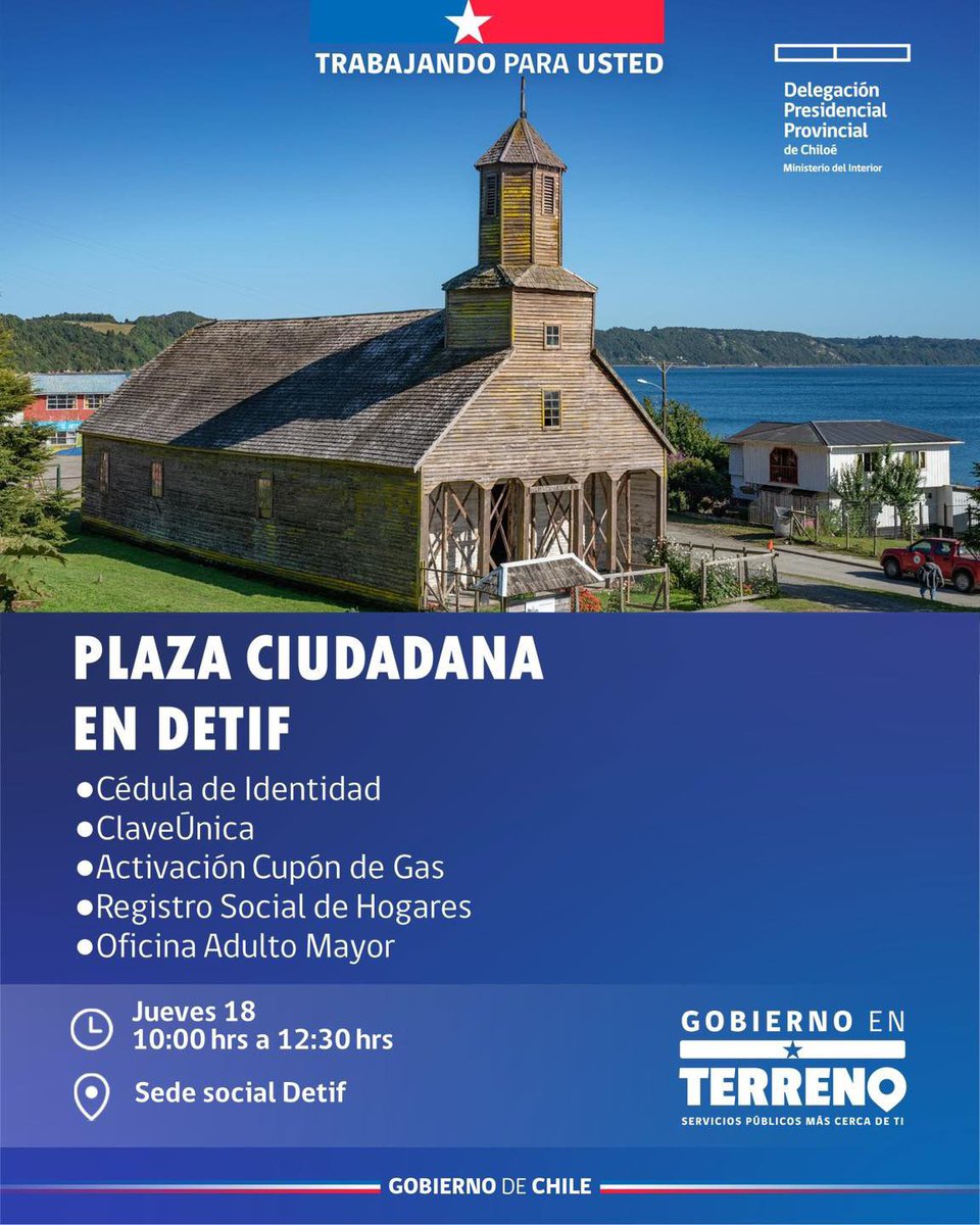 DPPChiloe's tweet photo. Atención vecinos de Detif y San Agustín hoy tendremos Plaza Ciudadana en Isla Lemuy

Estarán presente el departamento social de la Delegación Presidencial Provincial de Chiloé, Registro Civil, Chile Atiende y la Municipalidad de Puqueldón. https://t.co/4zdwSNilH5