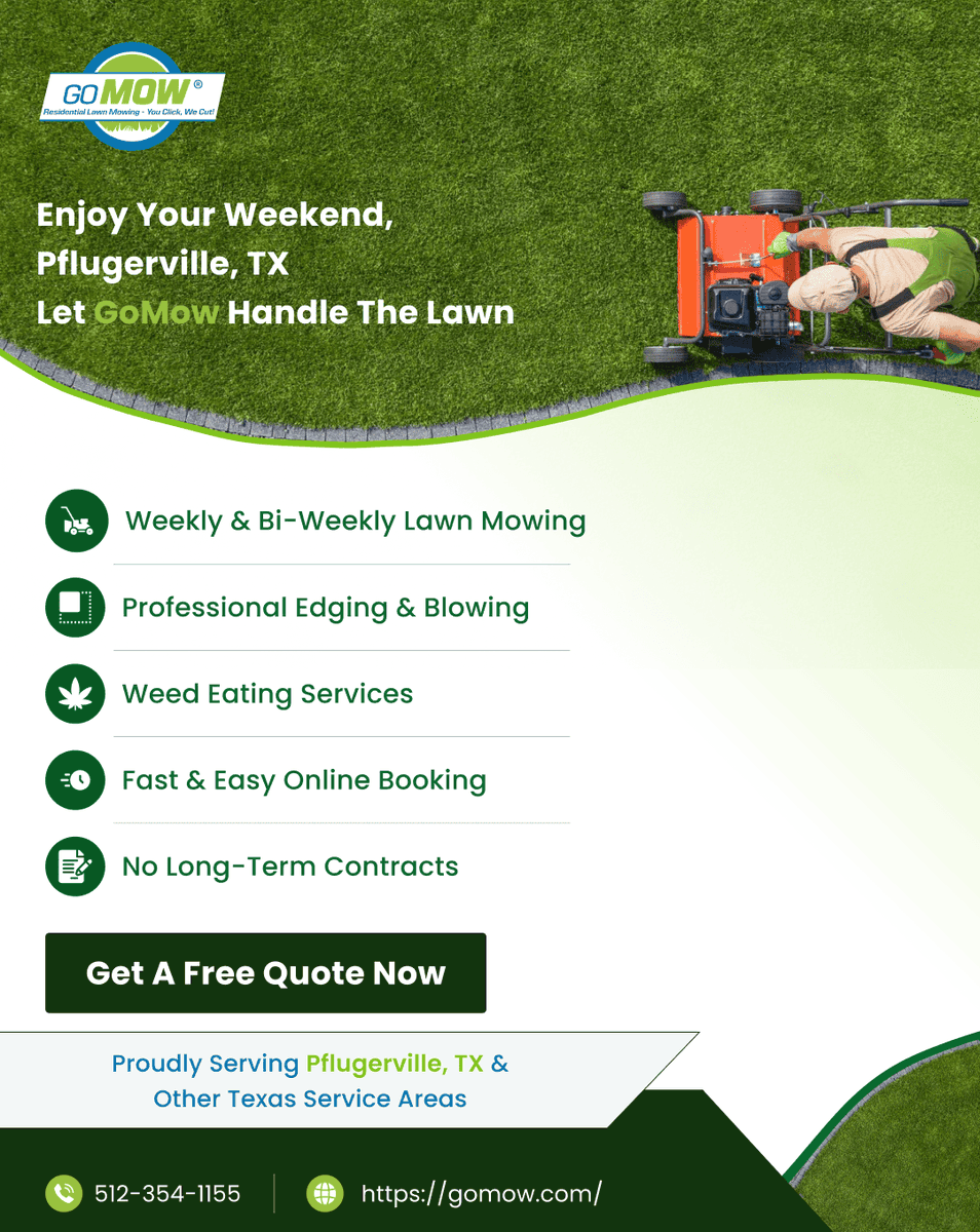 GoMowOfficial's tweet photo. Save Your Weekend with GoMow in Pflugerville, TX
Tired of spending weekends mowing the lawn? GoMow helps Texas  homeowners save time with affordable and professional lawn mowing services. 
Book online: https://t.co/ejvXa9l7SH
🎁 Refer a friend &amp; get rewarded!
#GoMow #LawnMowing https://t.co/8LnMTWcG2p