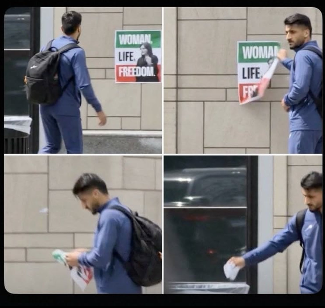 _majidsaberi_'s tweet photo. Dear @DHSgov and @ICEgov,

Please look at these photos.

This is Mohammad Mohebi, a player on the Islamic Republic’s soccer team who previously sparked outrage among Iranians with a goal celebration that mimicked firing at Iranian fans in the stadium who were chanting against the Islamic Republic’s repression.

Now, he is seen tearing down a “Woman, Life, Freedom” poster and throwing it into the trash.

For Iranians, these are not isolated incidents. They are viewed as symbolic acts by a regime member against the Woman, Life, Freedom movement and the values it represents: women’s rights, freedom, and human dignity.

If human rights and freedom matter, these actions should be taken seriously in any decision regarding this individual’s entry into the United States, and any potential ties to terrorism or regime-linked intimidation should be thoroughly reviewed.