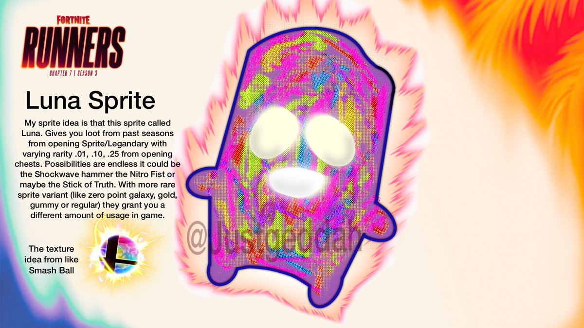 justgeddah's tweet photo. @Fortnite My concept is called Luna Sprite, brings in other weapons from past seasons based on rarity like the zero point you get different amount of usage. The colors are like the orb from Smash Bros or the Zero point it self.
#DesignASprite #Fortnite #fortniteruners #FortniteSprites https://t.co/5ebib1wy9O
