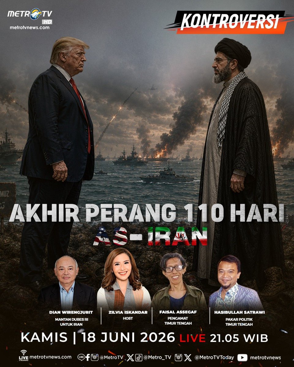 Metro_TV's tweet photo. Setelah 110 hari bertempur, akankah AS-Iran benar-benar siap mengakhiri konfrontasi, ataukah ini hanya jeda sebelum badai berikutnya? Simak pembahasannya di #MetroTVKontroversi AKHIR PERANG 110 HARI AS-IRAN hari Kamis (18/6) pukul 21.05 WIB. https://t.co/W2jEhTUQOJ