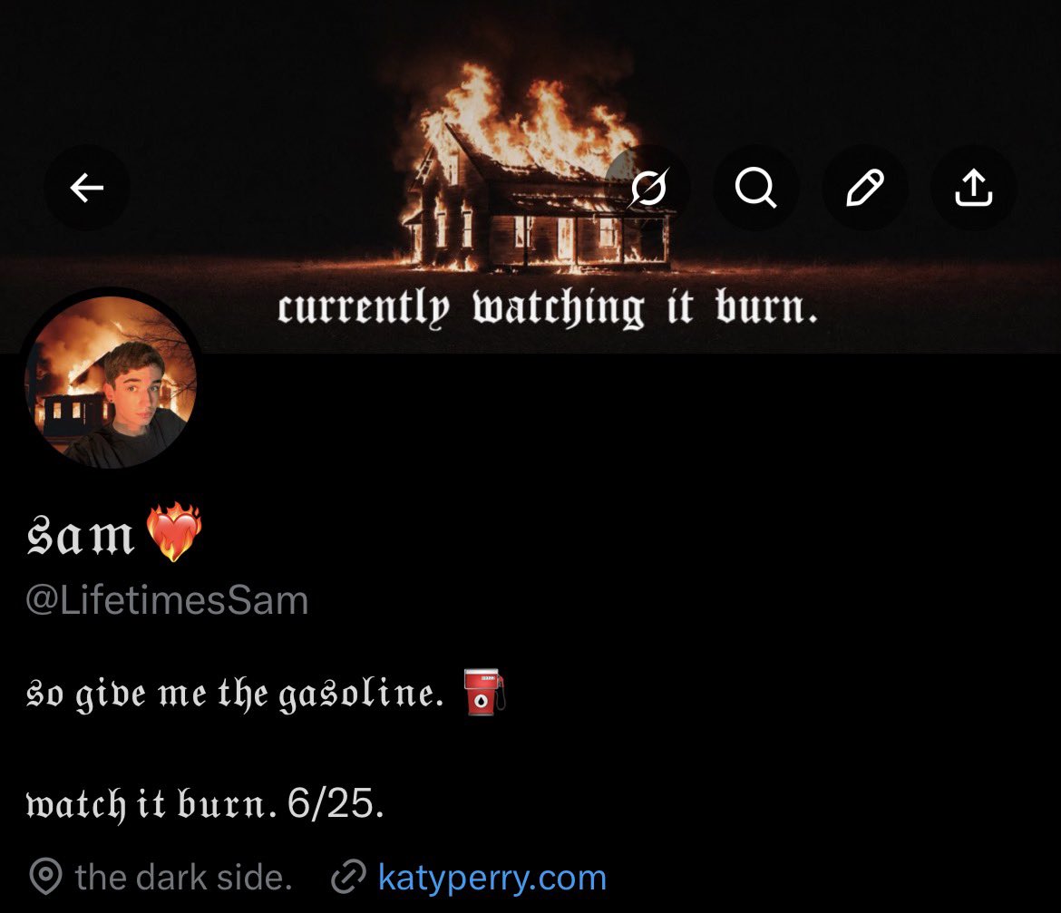 LifetimesSam's tweet photo. in my watch it burn era. 🔥 @katyperry https://t.co/IqIntcxagP