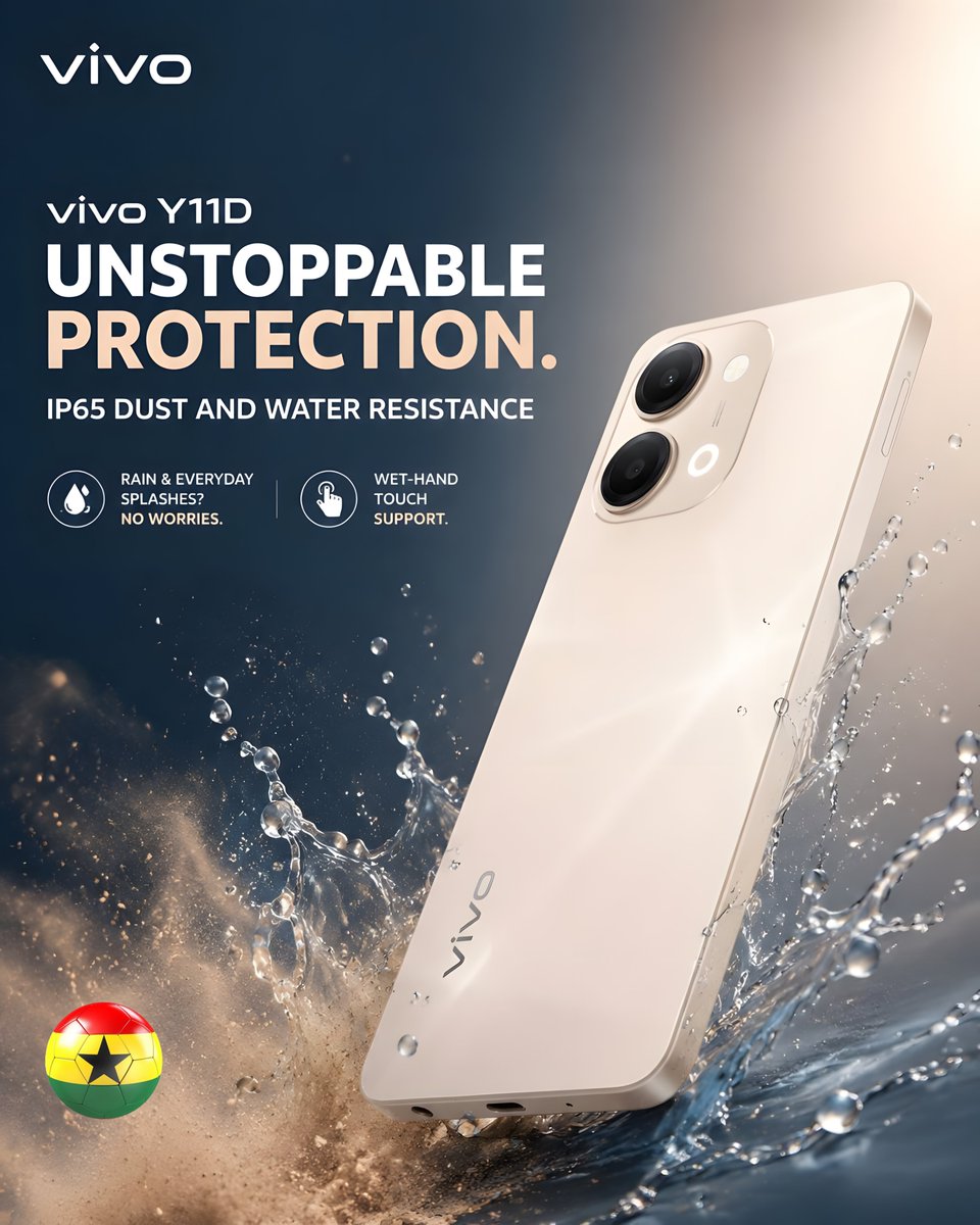 vivo_Ghana's tweet photo. Introducing the vivo Y11D.
Engineered with IP65 Dust &amp; Water Resistance, it delivers reliable protection against rain, splashes, and everyday exposure 
So you can focus on living, not worrying.
Unstoppable Protection. Always On.
#vivoY11d #vivoWay #vivoGhana #worldcup https://t.co/tg6UaVCHUK