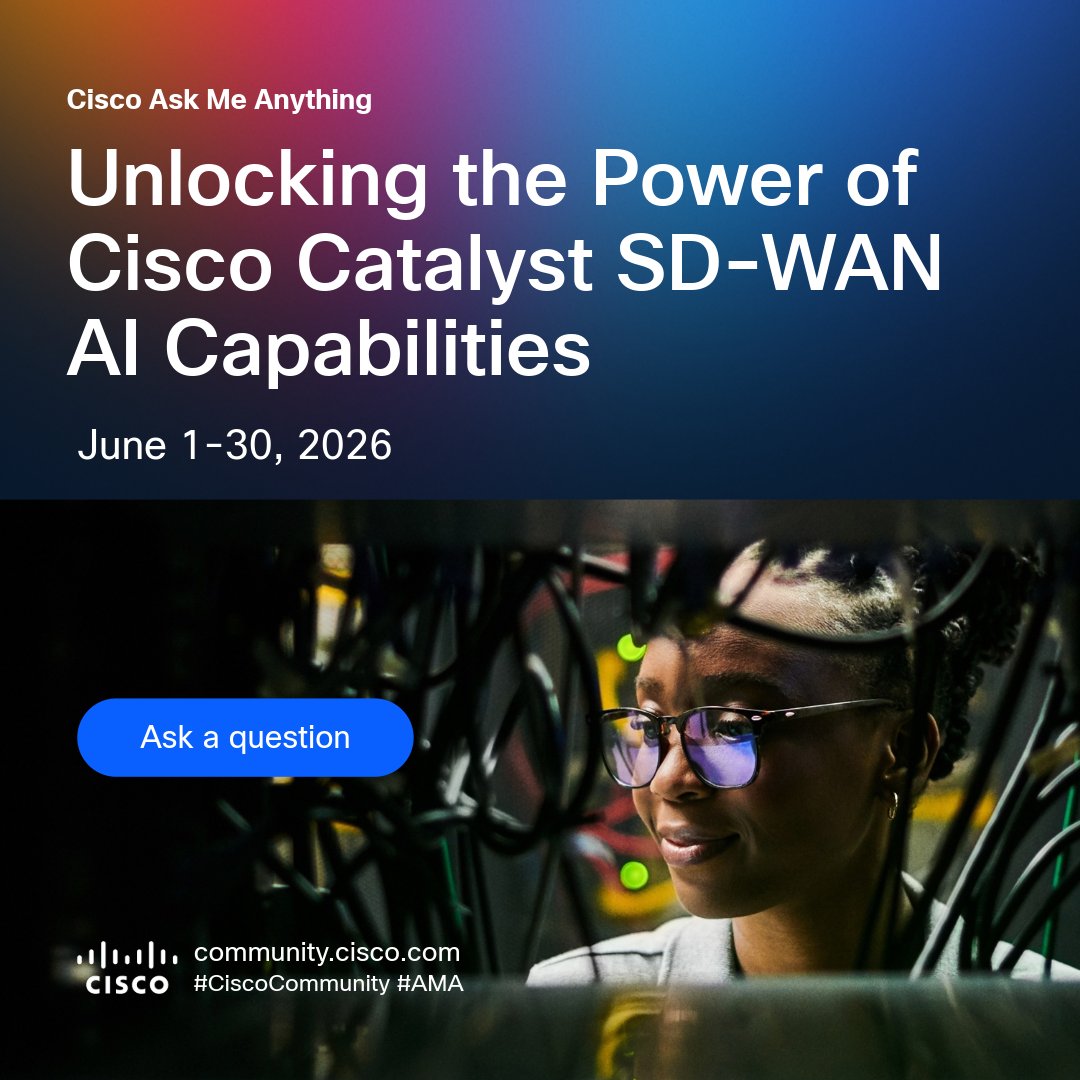 RothschildTyler's tweet photo. Shift to proactive networking with #CiscoCatalyst #SDWAN #AI. β‘ Get direct access to the #CiscoCX experts to leverage the AI Assistant, Predictive Path, Anomaly Detection & Bandwidth Forecast.
ποΈ Ask your questions by Jun 30: https://t.co/vWKvweusSO
@CiscoCommunity #AIOps https://t.co/19F1GRwj1j