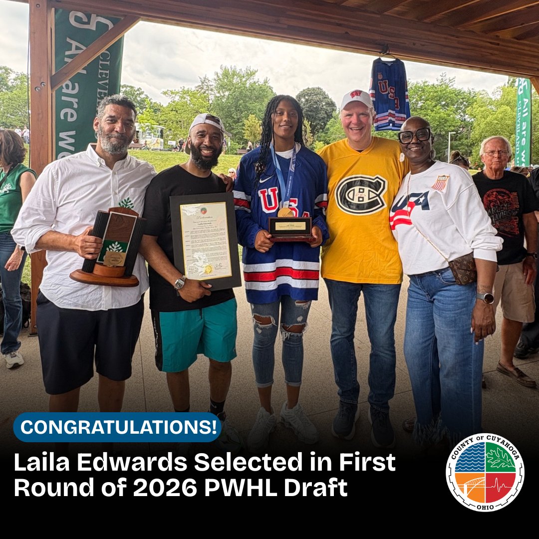 CuyahogaCounty's tweet photo. Congratulations to Laila Edwards, a Cleveland Heights native and Olympic gold medalist, on being selected fourth overall by San Jose in the 2026 PWHL Draft.

From Cuyahoga County to the world stage! 

#WeAreCuyahoga https://t.co/B43PMMmcWW