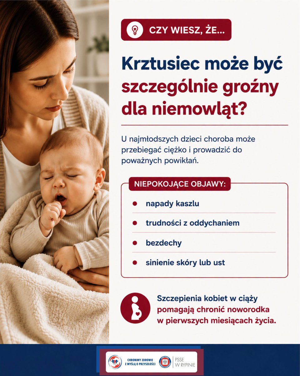 PsseRypin's tweet photo. 😷 Krztusiec wrócił z dużą siłą.W 2024 r. w Polsce odnotowano ponad 32 tys. przypadków tej choroby. Najgroźniejszy jest dla niemowląt. Może powodować bezdechy, trudności z oddychaniem i hospitalizację. Szczepienie w ciąży pomaga chronić noworodka. #Krztusiec #Szczepienia https://t.co/djSI55DEew