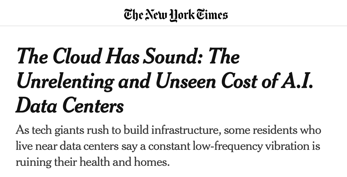 halsinger's tweet photo. "Noise pollution [from AI data centers] is regulated at the local level through a thicket of zoning ordinances." Note that zoning rules are constantly under attack by the abundance crowd, presumptively at the behest of AI companies and other developers. https://t.co/fcoeT3L6XV