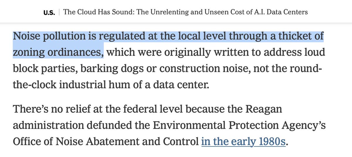 halsinger's tweet photo. "Noise pollution [from AI data centers] is regulated at the local level through a thicket of zoning ordinances." Note that zoning rules are constantly under attack by the abundance crowd, presumptively at the behest of AI companies and other developers. https://t.co/fcoeT3L6XV