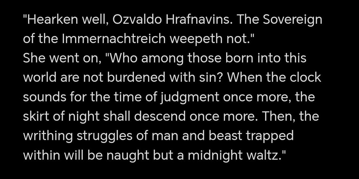 ninearchivist's tweet photo. CITLALI'S SKIN OFFICIAL ART HAS A QUOTE FROM MITTERNACHT WALTZ ‼️‼️‼️
"Hearken well Ozvaldo Hravnavins the sovereign of the Immernachtreich weepeth not"
"Who among those born into this world are not burdened with sin"
It's the same book from her desk! https://t.co/Rth1Yziigs