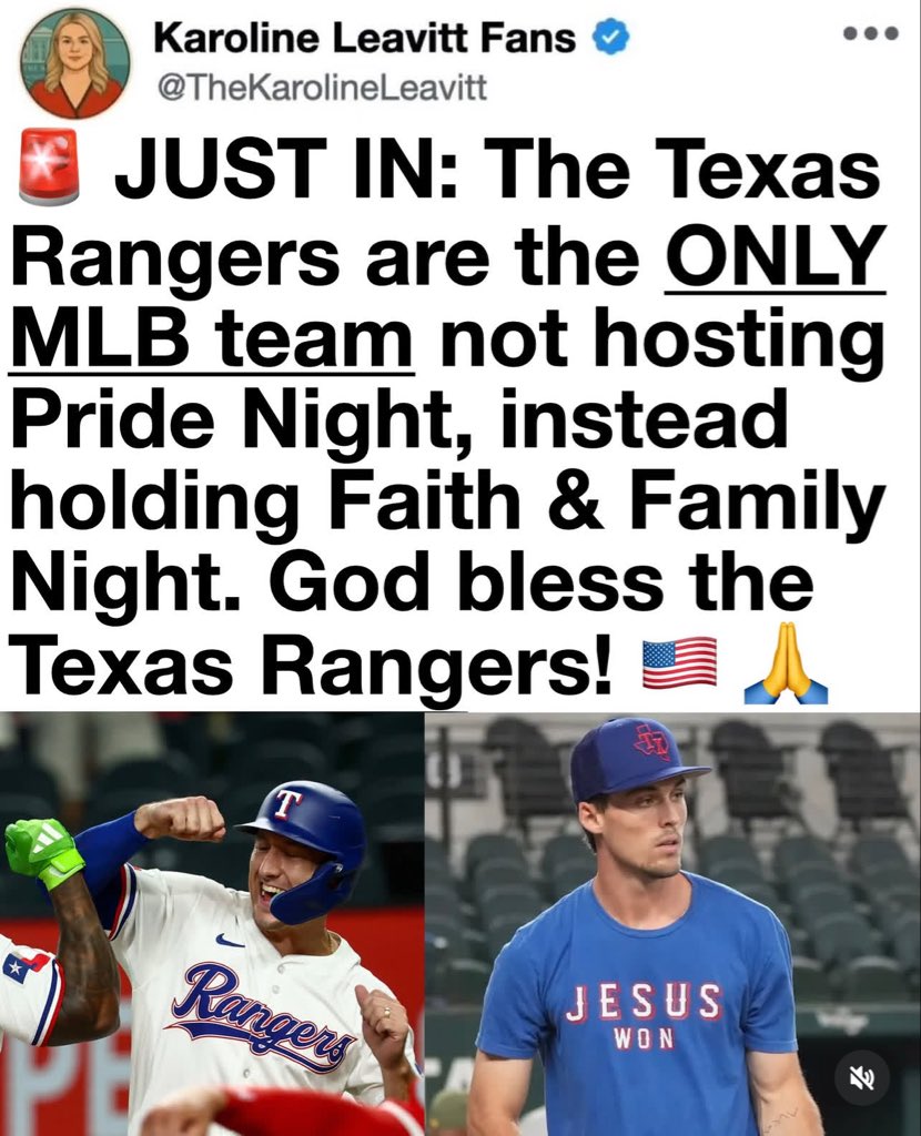 Thevictoria76's tweet photo. 🇺🇸 JUST IN: Texas Rangers are the ONLY MLB team NOT hosting Pride Night — instead, they’re holding Faith &amp; Family Night tonight! 🙏❤️
God bless the Texas Rangers for standing strong on faith and family! https://t.co/jAXprJ4pMh