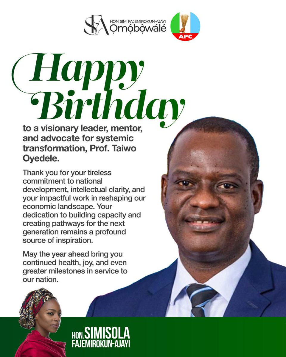 Simi4Reps's tweet photo. Today, we celebrate a remarkable leader, reformer, and nation-builder, Mr. Taiwo Oyedele.

Your commitment to driving meaningful change, advancing economic reform, and empowering the next generation continues to inspire many across Nigeria. Through your vision, expertise, and dedication to public service, you have demonstrated the impact of purposeful leadership and transformative thinking.

As you mark another year, may you be blessed with continued wisdom, good health, and greater opportunities to contribute to the growth and prosperity of our nation.

Ọmọ́bòwálé 2027

#Simi4Reps #Omobowale27