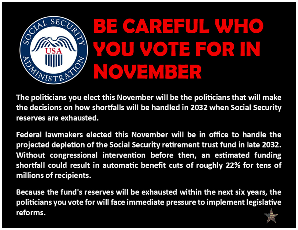 PetRep's tweet photo. The Senators you vote for this year will probably be responsible for what happens to Social Security in 2032 when the fund becomes insolvent and lawmakers must act.

Do you want a Senator who says they are for the people or Senators who constantly vote for corporate interests? https://t.co/AZKPsxzjiw