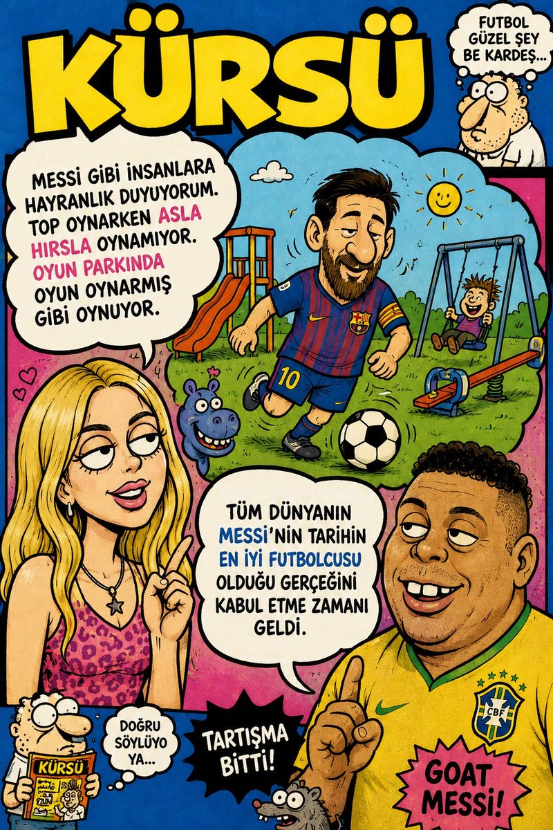 ilyasdoga's tweet photo. Ronaldo Nazário, yaptığı açıklamada şu ifadeleri kullandı:
“Tüm dünyanın Lionel Messi’nin tarihin en iyi futbolcusu olduğu gerçeğini kabul etme zamanı geldi.”

Aleyna Tilki ise Messi hakkında,
“Messi gibi insanlara hayranlık duyuyorum. Top oynarken asla hırsla oynamıyor. Oyun https://t.co/Oj7VtiD0XD