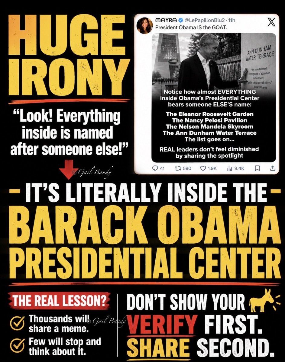 GailBandy's tweet photo. 🤪

HUGE IRONY

“Look! Everything inside is named after someone else!”

— It’s literally inside 
The Barack Obama Presidential Center

The real lesson?

Thousands will share your meme too. Isn’t

Few will stop and think about it.

Dont show your 🫏Verify first. Share second.