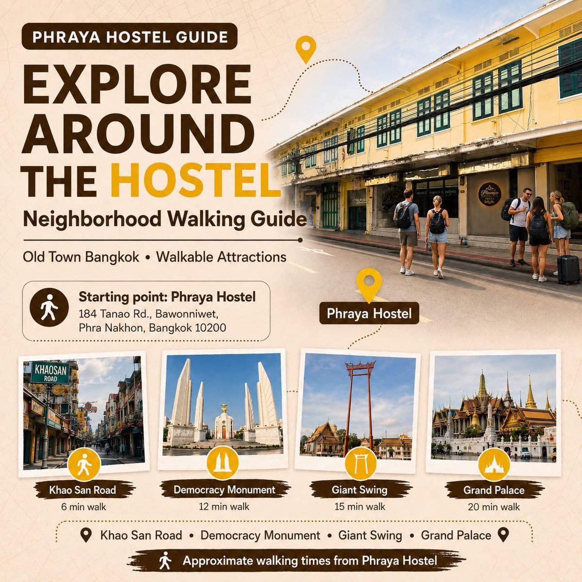 Lomwongman's tweet photo. Explore Bangkok Old Town right from your doorstep ✨

Stay at Phraya Hostel and enjoy easy walks to some of Bangkok’s most iconic spots — from Khao San Road and Democracy Monument to the Giant Swing, Grand Palace, temples, local streets, cafés, and hidden gems around Phra Nakhon.

Perfect for backpackers, solo travelers, and friends who want a cozy stay in the heart of historic Bangkok.

Stay. Walk. Explore. Experience Bangkok like a local.

📍 Phraya Hostel · Old Town Bangkok 

Book direct 👉 https://t.co/V1xTPAFxml

#PhrayaHostel #BangkokHostel #HostelLife #SoloTravel #Thailand #Bangkok