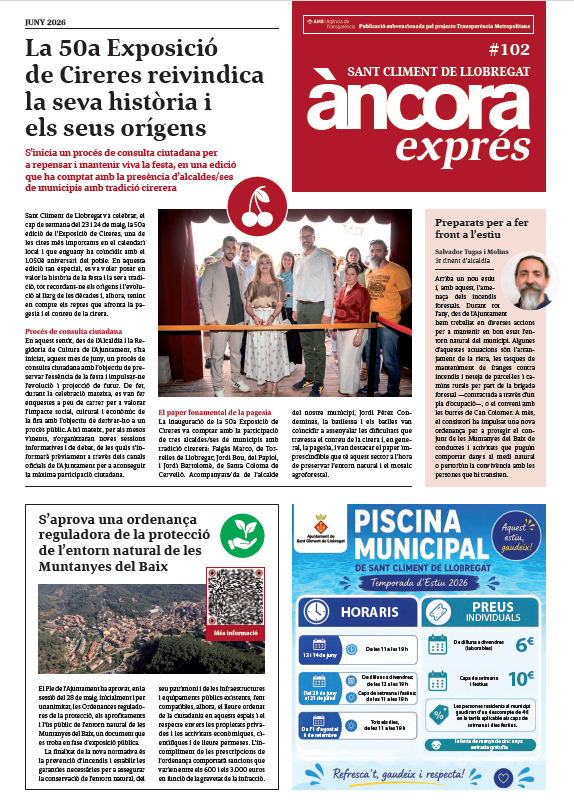 santcliment's tweet photo. JJa podeu consultar en línia l’Àncora Exprés de juny☀️

 📰La revista se centra en🍒l’èxit de la 50a Exposició de Cireres, 🔥els treballs i la nova ordenança contra incendis, o💦els horaris i preus de la piscina municipal

🔗 Consulteu aquest nou número a: https://t.co/K06hUuuqVl https://t.co/LGY2N30usi