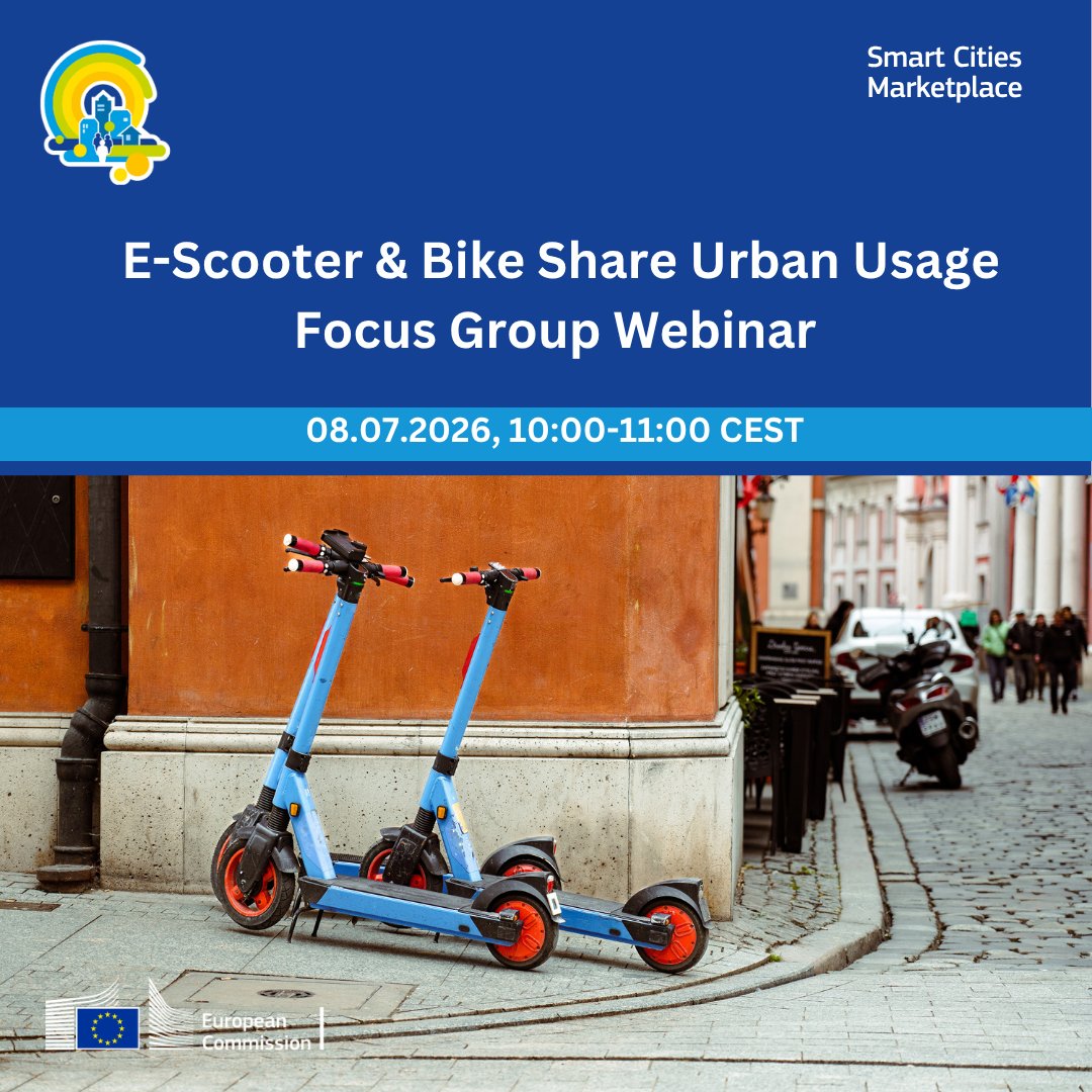 EUSmartCities's tweet photo. How are e‑scooters and bike sharing actually shaping our cities? This is what the upcoming Smart Cities Marketplace E‑Scooter &amp; Bike Share Urban Usage Focus Group Webinar is about.

Register here: https://t.co/TuTqpm3Yf7

#EUSmartCities https://t.co/sxHGFvy7c5