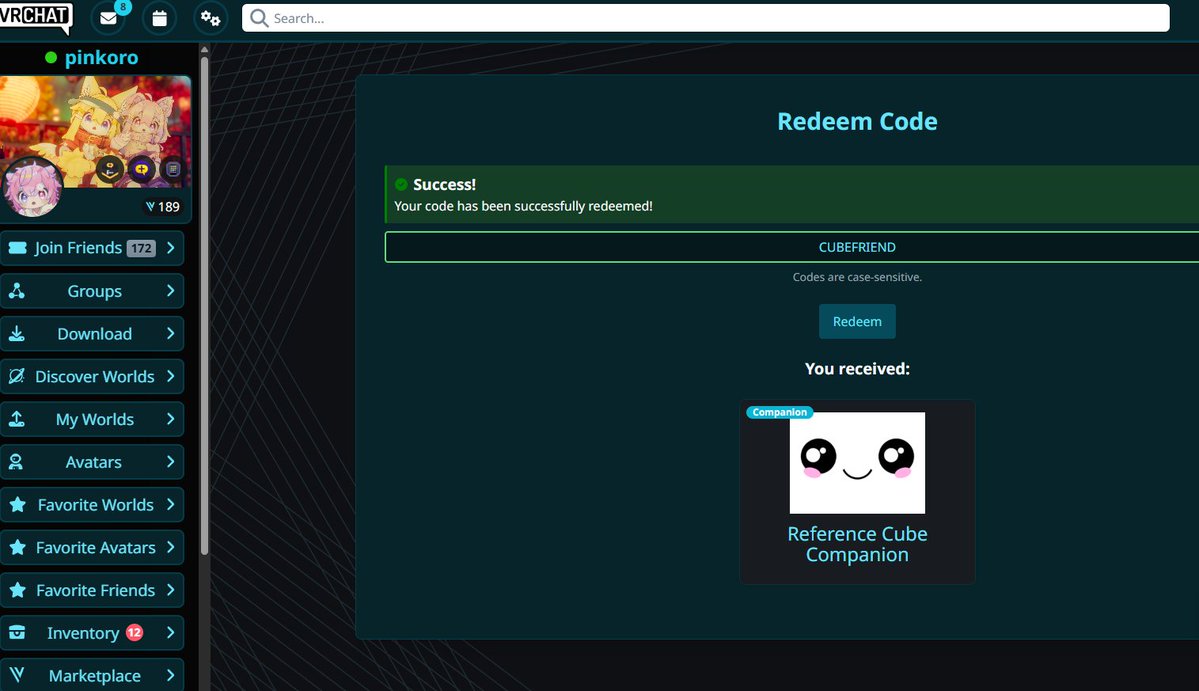 pinkoro2979's tweet photo. VRChatのredeemで「CUBEFRIEND」と入力するとかわいいきゅーぶがもらえるのはみんな知ってるけど
「c6f3f9c2-7f6e-4b8d-9d5e-2f4c1a7b8e31」これを入力するとMetamog Rewardがもらえるよ

#VRChat #VRChat豆知識 https://t.co/WtJb3SkQOu