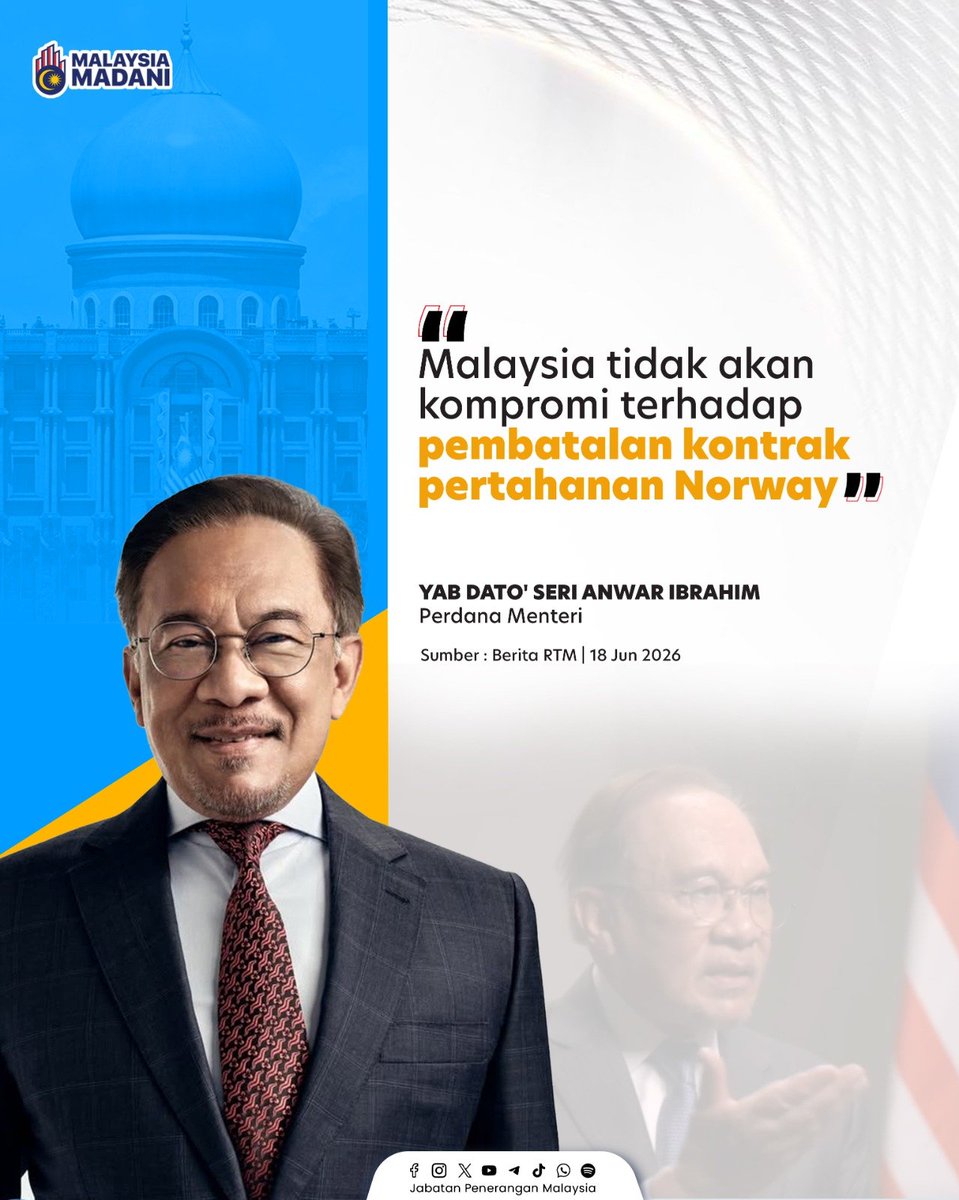 JPenerangan's tweet photo. Malaysia tidak akan berkompromi terhadap mana-mana pihak yang gagal menghormati komitmen perjanjian yang telah dipersetujui termasuk dalam urusan kerjasama pertahanan. 🇲🇾🤝🛡️⚠️

#RancakkanMADANI
#MADANIBekerja
#TaatSetia
#JabatanPenerangan https://t.co/LtQcpc4aP9