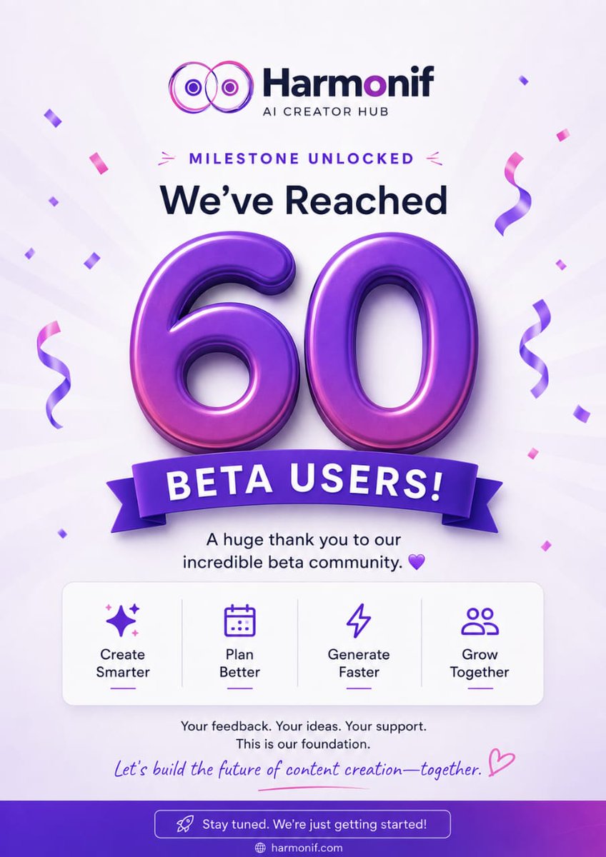 HarmonifAIHub's tweet photo. Milestone unlocked! 🎉

We've hit 60 Beta Users — and this is just the beginning. 🚀
To every creator who signed up, gave feedback, and believed in what we're building — this one is for you. Your support is our foundation. 💜
We're building the future of content creation together https://t.co/3J8r8jN8OU