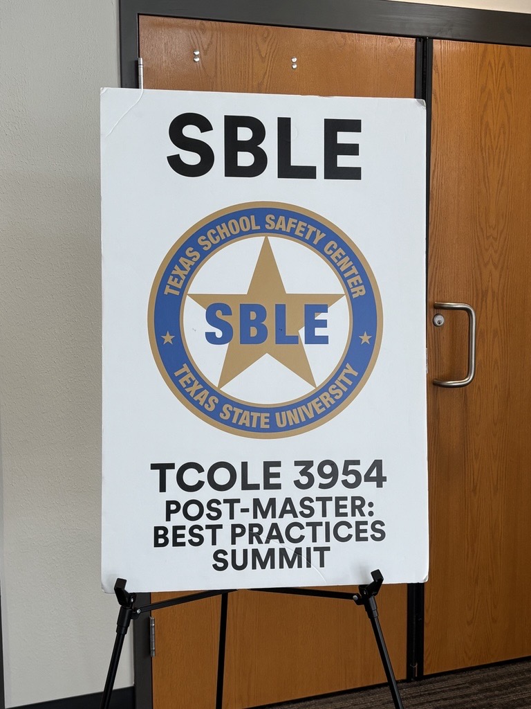 TxSchoolSafety's tweet photo. Today we're wrapping up a TCOLE 3954 Post-master Best Practices Summit in San Marcos. This training  brings together experienced officers, who have completed the #41505 SBLE Master training, for a deeper look at best practices in school-based law enforcement. #SchoolSafety #SBLE https://t.co/iTDzcMEdMk