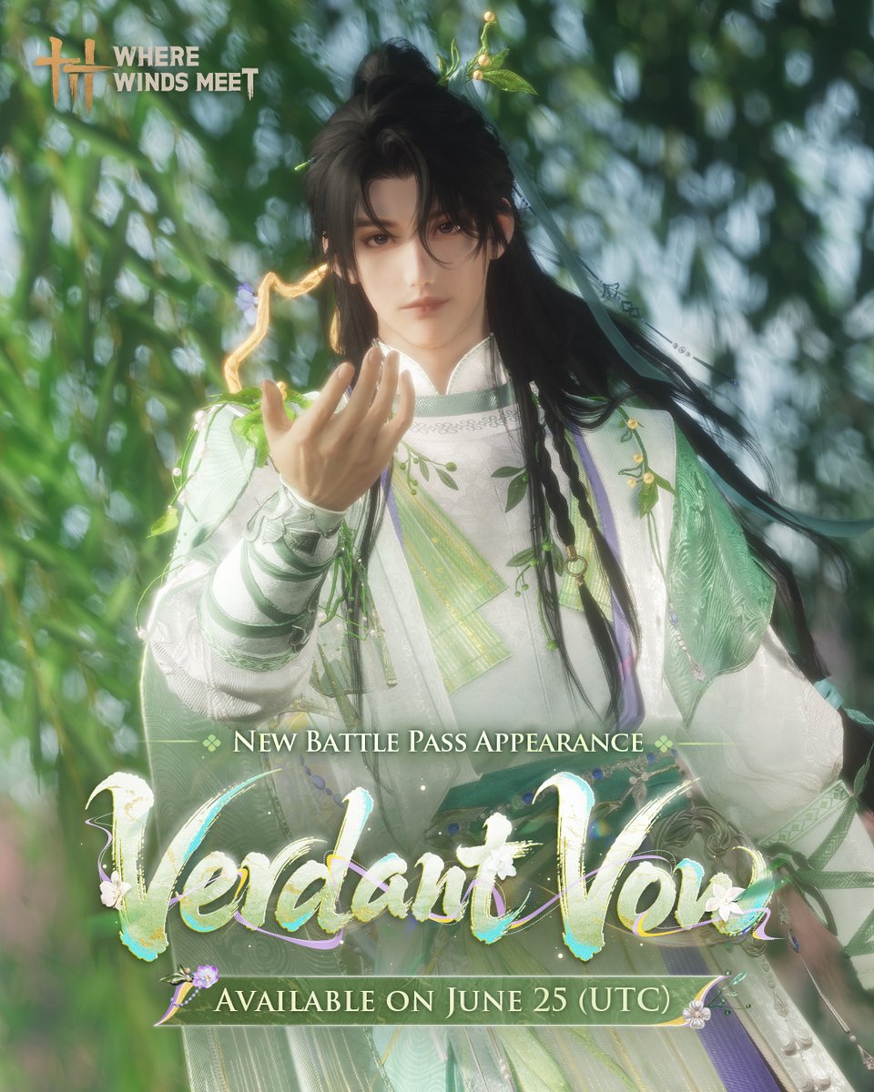 WhereWindsMeet_'s tweet photo. Gather fresh mountain greenery and pin the season's first blossoms in your hair. As the breeze sweeps through the canopy, let spring wash over you.

New Battle Pass Appearance: Verdant Vow arrives June 25  (UTC)!
#WhereWindsMeet https://t.co/mWrUlSy2GF