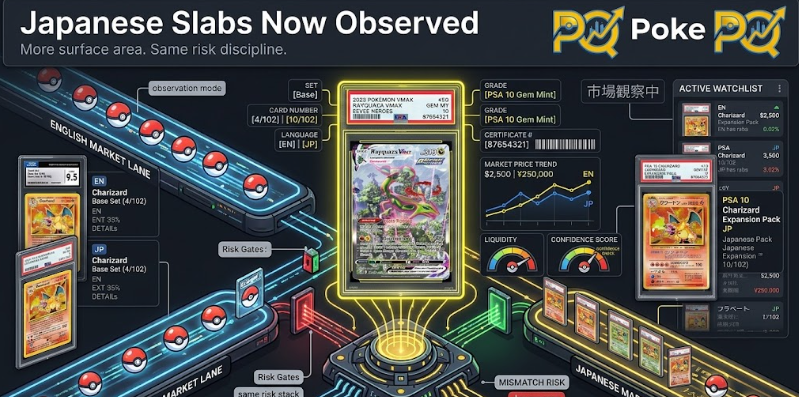 poke_quant's tweet photo. dev update.

PokeQuant has started watching Japanese slabs too.

The agent now separates English and Japanese listings, normalizes set / number / grade / cert data, and tracks how pricing behaves across both markets.

This matters because Japanese cards do not always price like English cards.

For now, this is observation + calibration.
No blind execution jump.

Japanese candidates still need to clear the same risk stack:
confidence, fees, liquidity, edge sanity, spend caps, treasury exposure.

solana:8hcZufqiLQyqxZoePwjeohgtwb7CYypNbMFUrLRPpump