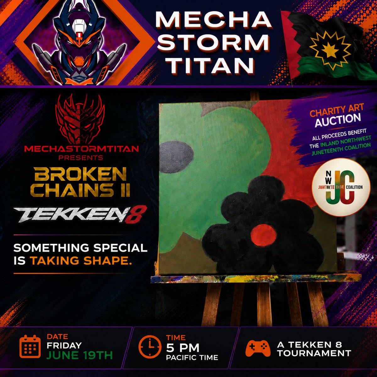mechastormtitan's tweet photo. Here’s your first look at an original artwork being created exclusively for the Broken Chains II charity art auction.

The finished piece will be revealed during our Juneteenth Tekken 8 tournament and auctioned to benefit the Inland Northwest Juneteenth Coalition. https://t.co/NRwmSCXovE