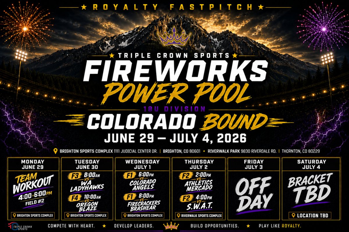 RyltyFP's tweet photo. 🏔️ 11 DAYS 🏔️

The⏰countdown to Colorado is officially on.

Royalty Fastpitch is headed to the Triple Crown Sports @TCSFastpitch Fireworks Power Pool to compete against some of the top talent in the country.

📍 Brighton Sports Complex
1111 Judicial Center Dr.
Brighton, CO 80601

📍 Riverwalk Sports Complex
9830 Riverdale Rd.
Thornton, CO 80229

Every practice 
Every rep
Every inning has led to this

Time to compete.
👑 Play Like Royalty

#ColoradoBound #FireworksPowerPool #RoyaltyFastpitch #PlayLikeRoyalty #TripleCrownSports #FastpitchSoftball

@Gosset41 @scan1ansports @LineDsoftball @ExtraInningSB @IHartFastpitch @SoftbalAmerica @thealliancefp @PGFnetwork @GMsportsmedia1 @AScholarsBrand @YAthletesF @FastpitchAthRec @SoftballDown @nxt1sports @GoMVB @TOP_D1RECRUITS @SunilSportsNews @gatorjack72 @LegacyLegendsS1 @Softball_Home @upnextrecruits @ImpactRetweets @BallGirlSports @DfwSho @CoastRecruitsSB @TopPreps @AcesSpotlight @SoftballRecruit @SoftballClips @Top9Softball @triplecrownspts @TopGunEvents @Team1_fastpitch