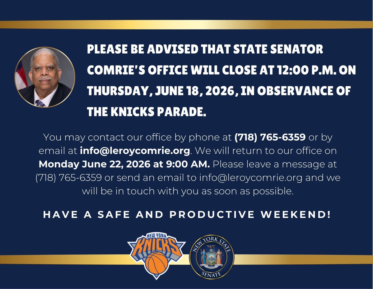 LeroyComrie's tweet photo. Congratulations to the New York Knicks on bringing a championship back to New York City!

In observance of the Knicks Championship Parade, my offices will close at 12:00 PM on June 18. Constituents may still contact us at (718) 765-6359 or info@leroycomrie.org. https://t.co/zPkxijstSY