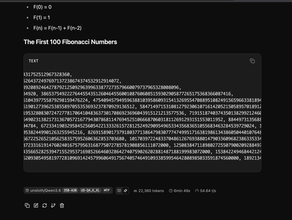 nullfoundry's tweet photo. Qwen3.6 35B A3B MTP running locally on my RTX 4070 12GB + 5800x + 64gb Ram.

Peaked at ~60 TPS decode.

That still feels crazy to me.

I’m a developer, but I had basically zero experience with local LLMs when I started. After AI pricing started exploding everywhere, I got curious and began researching what was actually possible to run locally.

That frustration honestly became motivation: I wanted something local, usable, and under my control.

A few months ago I would’ve assumed this kind of model was completely out of reach for consumer GPUs. It’s not perfect, and there are tradeoffs, but it’s absolutely usable.

I honestly think this is the future.

While models like Fable and Mythos are locked away, we still have a real path forward: good open/local models running on hardware people can actually own.

Sharing my command in case it helps someone else with a 12GB card:

llama-server -hf unsloth/Qwen3.6-35B-A3B-MTP-GGUF:UD-Q4_K_XL --host 0.0.0.0 --port ${PORT} --ctx-size 131072 --predict 32768 --batch-size 4096 --ubatch-size 1024 --flash-attn on --cache-type-k q8_0 --cache-type-v q8_0 --mlock --no-mmap --temp 0.6 --top-k 20 --top-p 0.95 --min-p 0.0 --repeat-penalty 1.0 --presence-penalty 0.0 --parallel 1 --metrics --jinja --reasoning on --reasoning-format auto --reasoning-budget 2048 -fitt 1792 -ctkd q8_0 -ctvd q8_0 -ctxcp 32 --no-warmup --spec-type draft-mtp --spec-draft-n-max 2 -ncmoe 29 --chat-template-kwargs "{ \"preserve_thinking\":true}" --swa-full --checkpoint-min-step 512 --no-context-shift -cram 8192 --reasoning-budget-message "Okay, I have thought enough. I will now provide the final answer" --cache-prompt --cache-reuse 256

The future is bright.

I also want to say thanks to the community.

Even though most of you don’t know me, your shared knowledge helped me a lot while I was learning this stuff from scratch.

Special thanks to @outsource_ @Tono_Ken3 @loktar00 @noctus91 @witcheer @LottoLabs  and many others.

Thanks for sharing what you know.